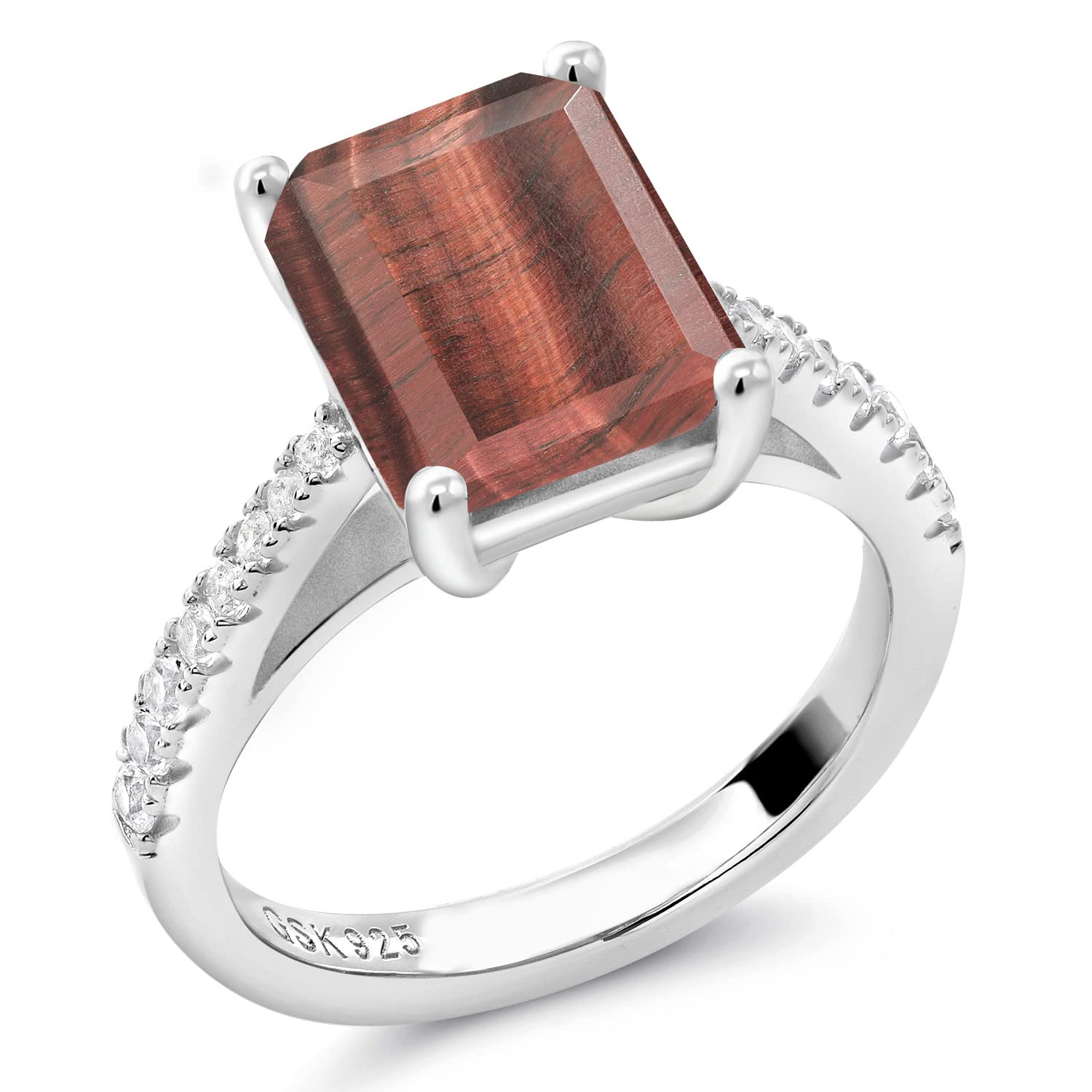 Gem Stone King 925 Sterling Silver Red Tiger Eye and White Created Sapphire Women Ring (3.26 Cttw Emerald Cut 10X8MM, Available In Size 5, 6, 7, 8, 9)