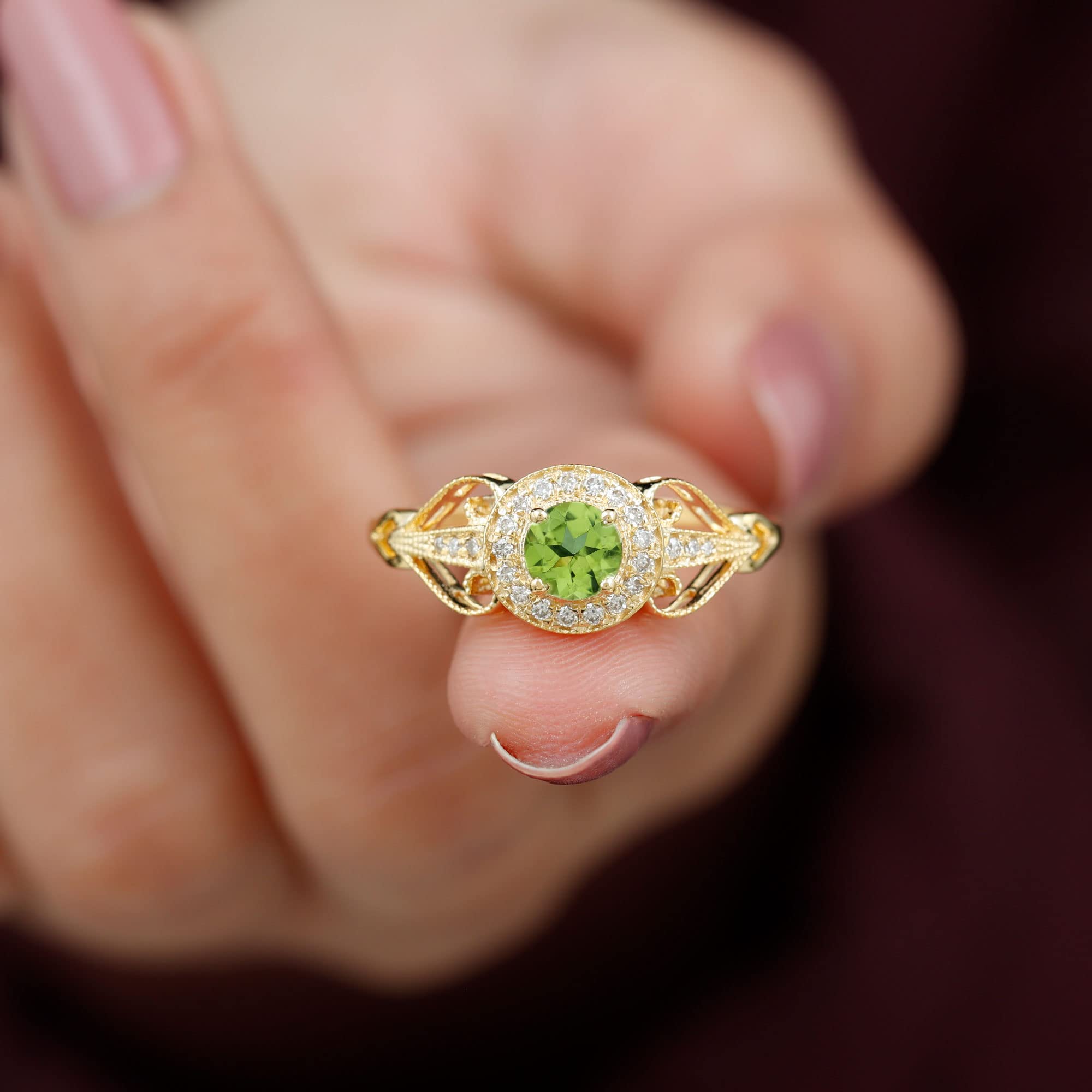 Rosec Jewels Certified Peridot and Diamond Vintage Inspired Engagement Ring | 5 MM | AAA Quality, 14K Yellow Gold, Size:US 9.50