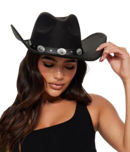 eohak womens western cowboy hats studded pinched western cowgirl hats wide brim fedoras hat with belt buckle （size: m-l） (us, alpha, medium, black)