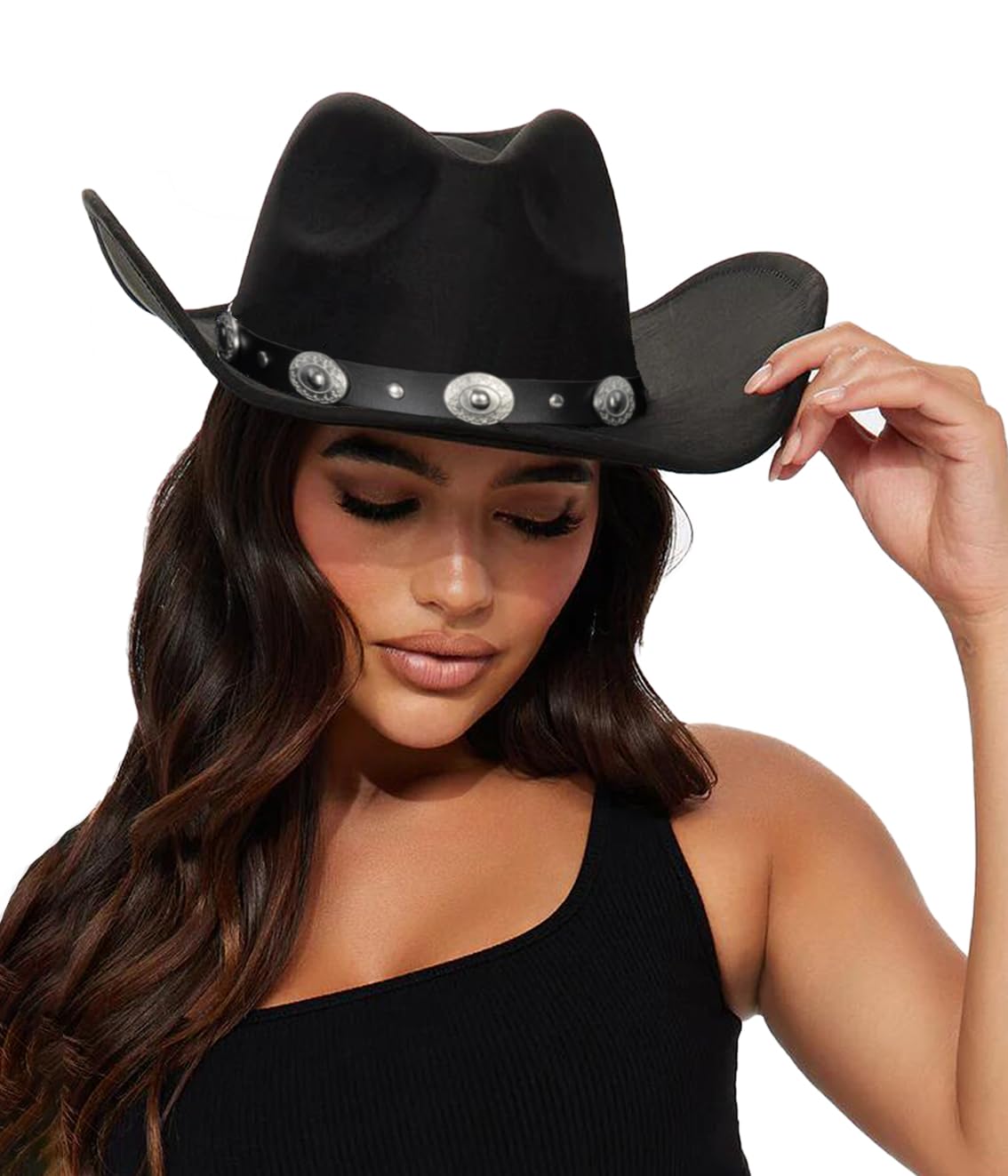 Eohak Womens Western Cowboy Hats Studded Pinched Western Cowgirl Hats Wide Brim Fedoras Hat with Belt Buckle （Size: M-L） (US, Alpha, Medium, Black)