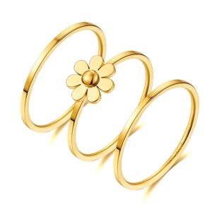 AHSIWC 3pcs 18k Gold Plated Birth Flower Daisy Ring/Stainless Steel Handmade Ring For Woman/Stackable Gold Mother's Ring For Present Gift