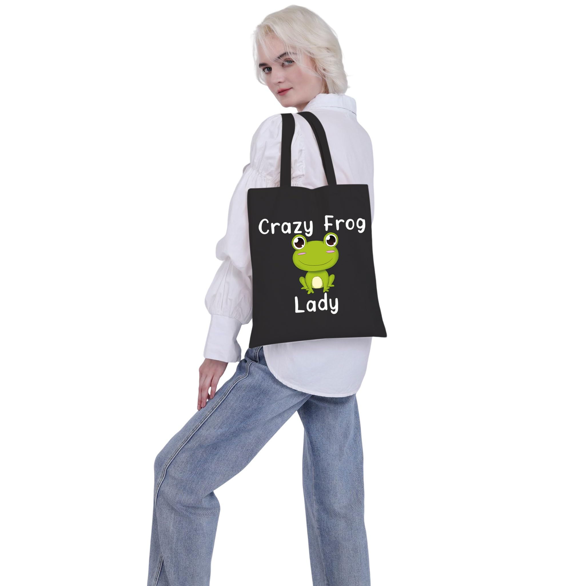 VAMSII Frog Tote Bag Crazy Frog Lady Shoulder Bag Frog Lover Gifts for Women Funny Frog Gifts Shopping Bag(BLK-Frog Lady tote)