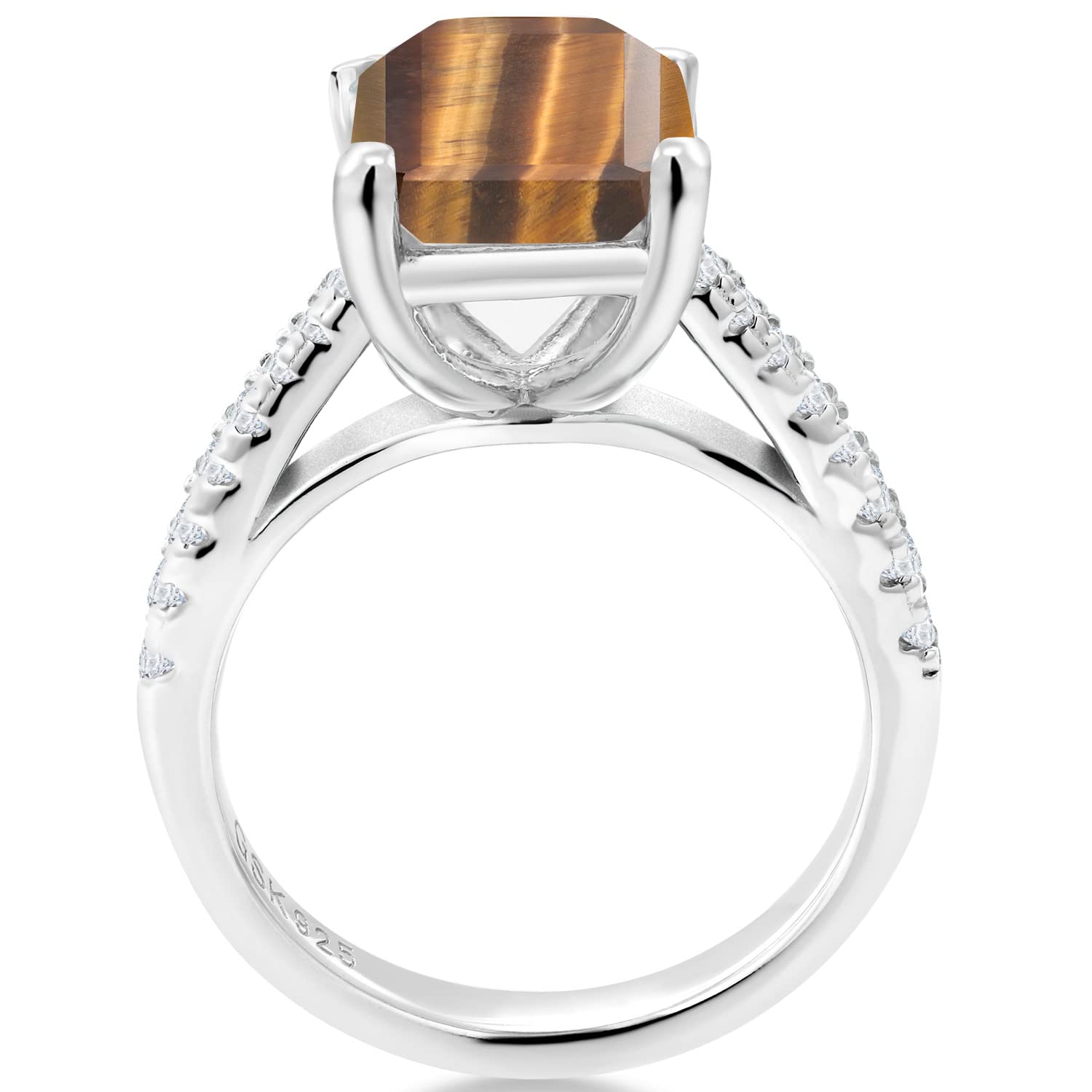 Gem Stone King 925 Sterling Silver Brown Tiger Eye and White Created Sapphire Ring For Women (3.26 Cttw, Available In Size 5, 6, 7, 8, 9)