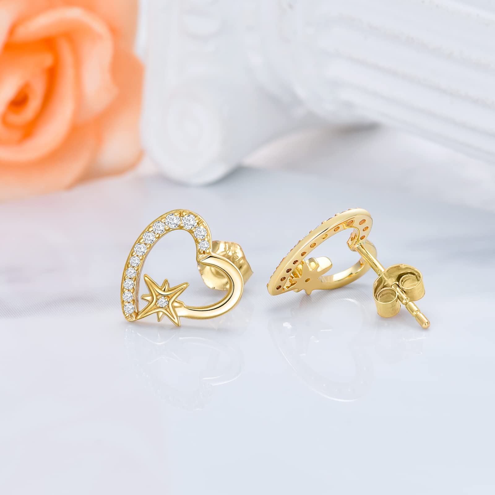 14k Solid Gold Star Heart Earrings for Women Cubic Zirconia Stud Earrings ，Gifts for Valentine's/Anniversary/Mother's Day