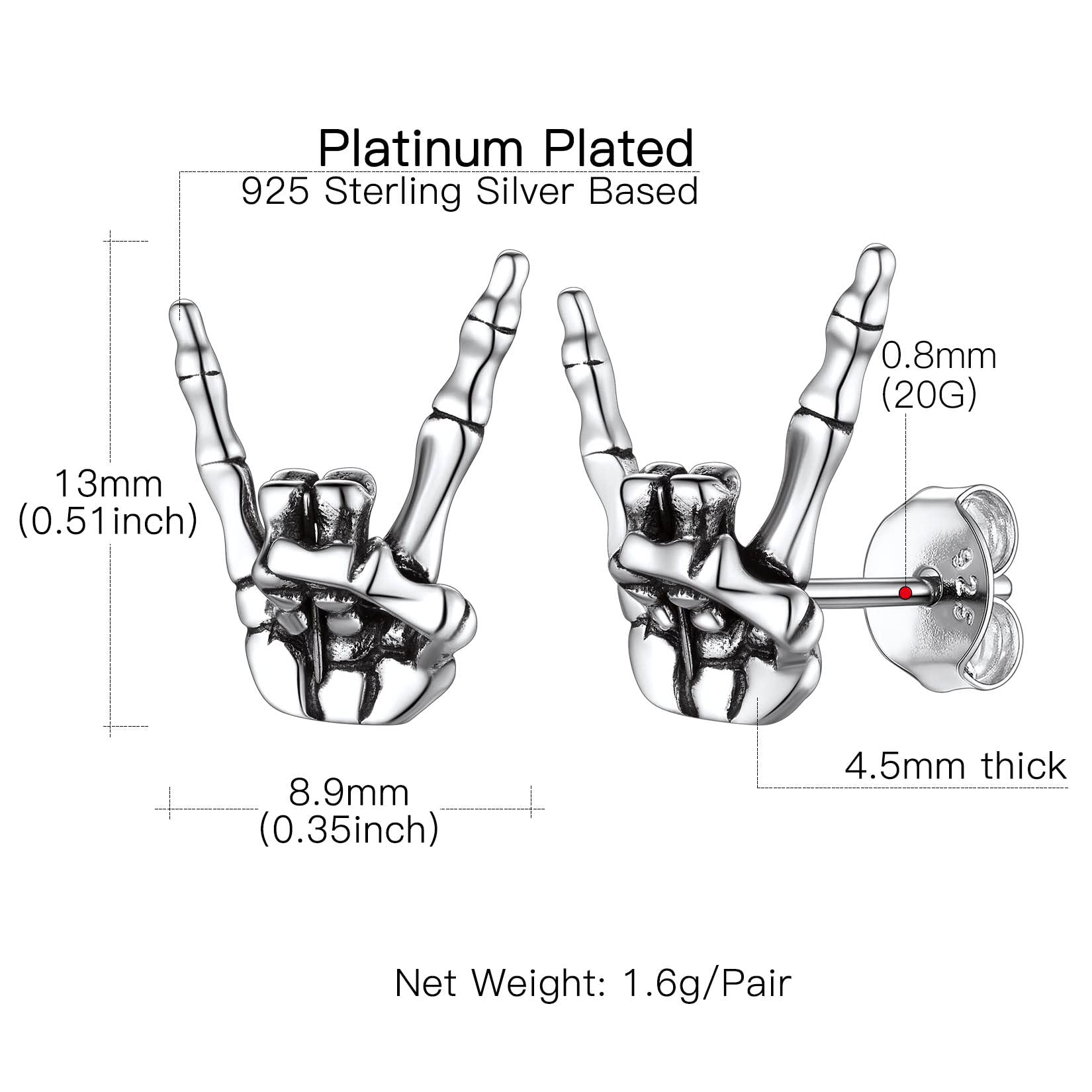 Suplight 925 Sterling Silver Rock Hand Earrings Vintage Punk Rock Earrings for Men Women