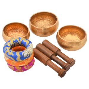 tibetan singing bowl set from 7 planets, hand hammered design | meditation sound bowl, 7 chakra bowl, mallet & cushion set for yoga (3 chakra set)