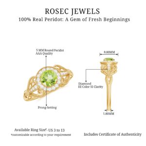 Rosec Jewels Certified Peridot and Diamond Vintage Inspired Engagement Ring | 5 MM | AAA Quality, 14K Yellow Gold, Size:US 9.50