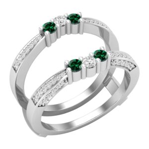 Dazzlingrock Collection Round Lab Created Emerald & Natural White Diamond Enhancer Double Wrap Guard Anniversary Band Ring for Women in 925 Sterling Silver, Size 7