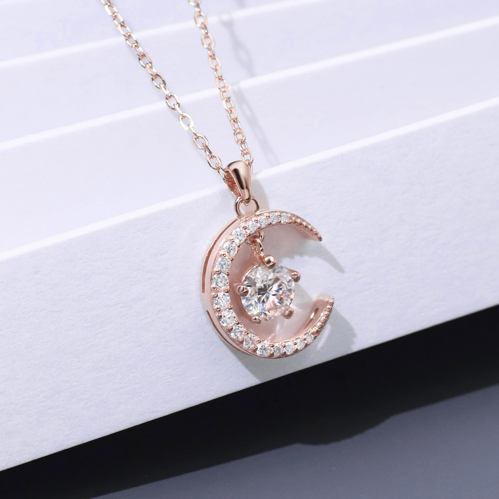 TIANYU GEMS 0.5 Ct Moissanite Necklace For Women Star and Moon Pendant Necklace S925 Sterling Silver Rose Gold Plated with GRA Certificate DF VVS Color Moissanite Necklace Chain 16+2 Inch