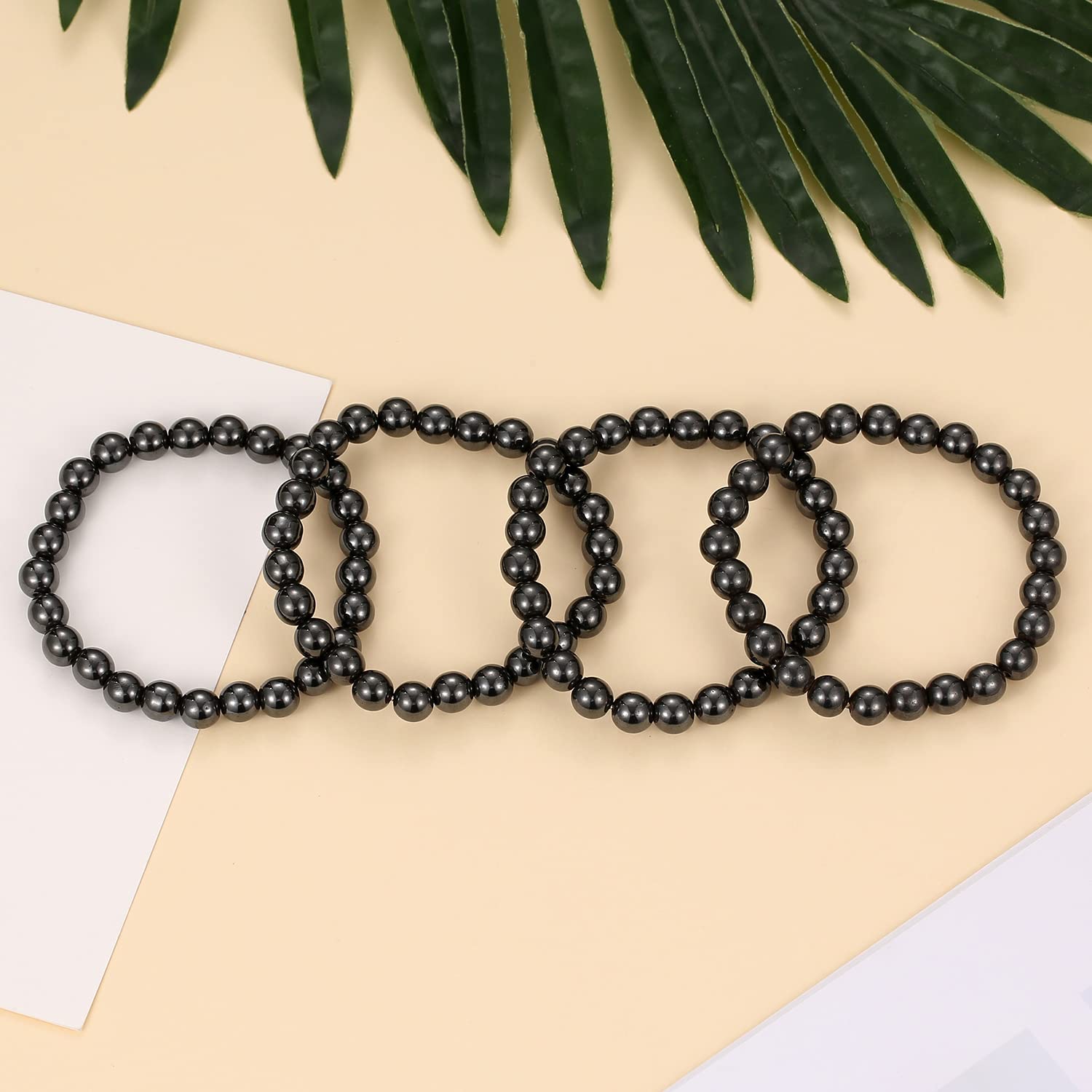 BYSON 4 Pcs/Set Black Hematite 8mm Ball Bead Magnet Stone Bracelet for Women Men Elastic Stretch Beaded Bracelets Jewelry Unisex