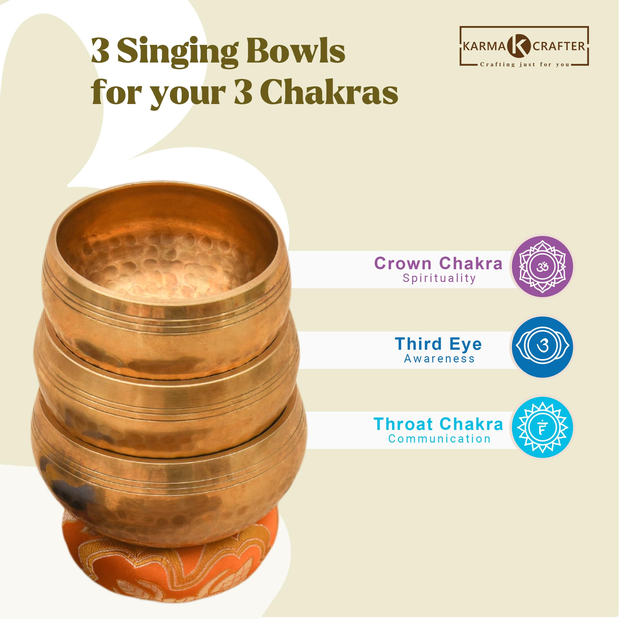 Tibetan Singing Bowl set From 7 Planets, Hand Hammered Design | Meditation Sound Bowl, 7 Chakra bowl, Mallet & Cushion set for Yoga (3 Chakra Set)