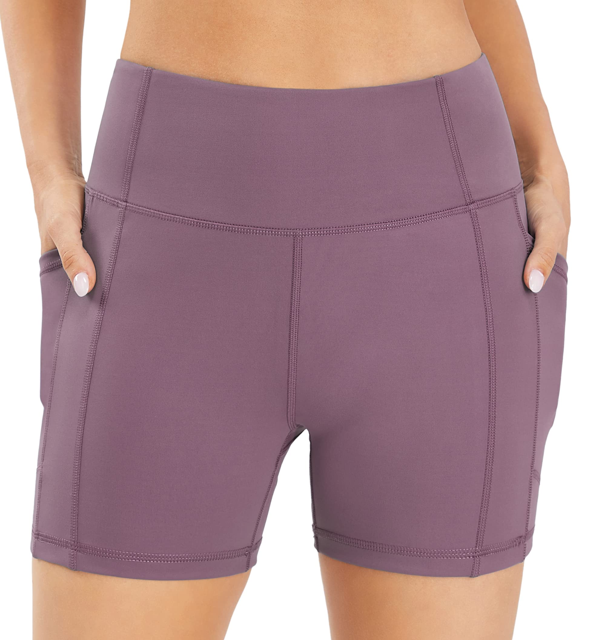 PERSIT Yoga Shorts for Women with Pockets High Wasited Running Athletic Biker Workout Shorts Tight Fitness Gym Shorts Yoga Pants - Purple - L