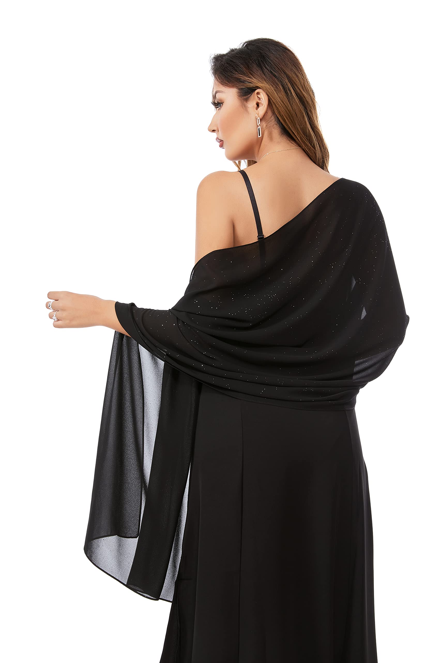 Gzcvba Chiffon Shawls Scarves Wraps for Bridal Wedding Party Evening Dress and Special Occasion Dresses Women Large Sparkly Shawl (Black B, 74.8 * 27.6in)