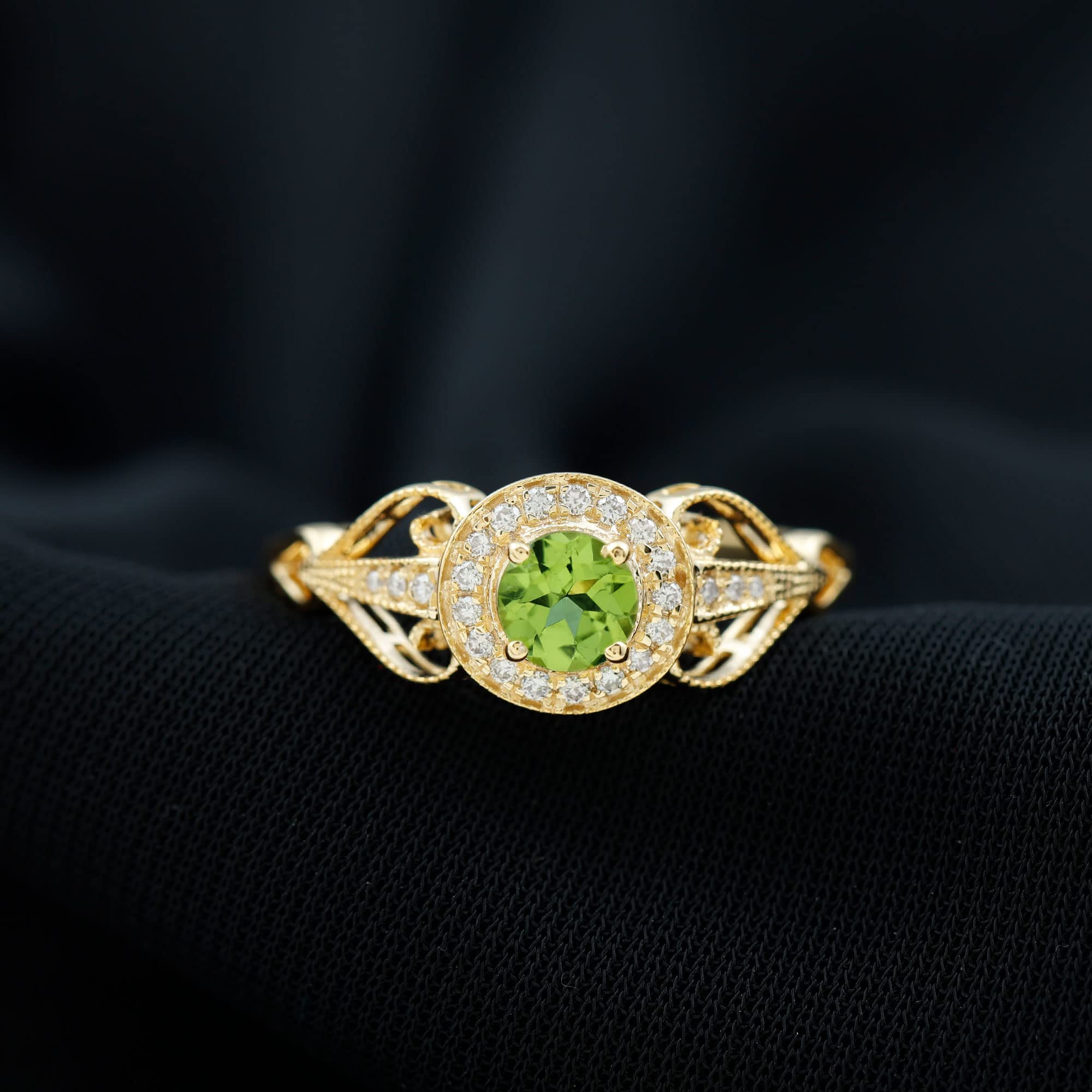 Rosec Jewels Certified Peridot and Diamond Vintage Inspired Engagement Ring | 5 MM | AAA Quality, 14K Yellow Gold, Size:US 9.50