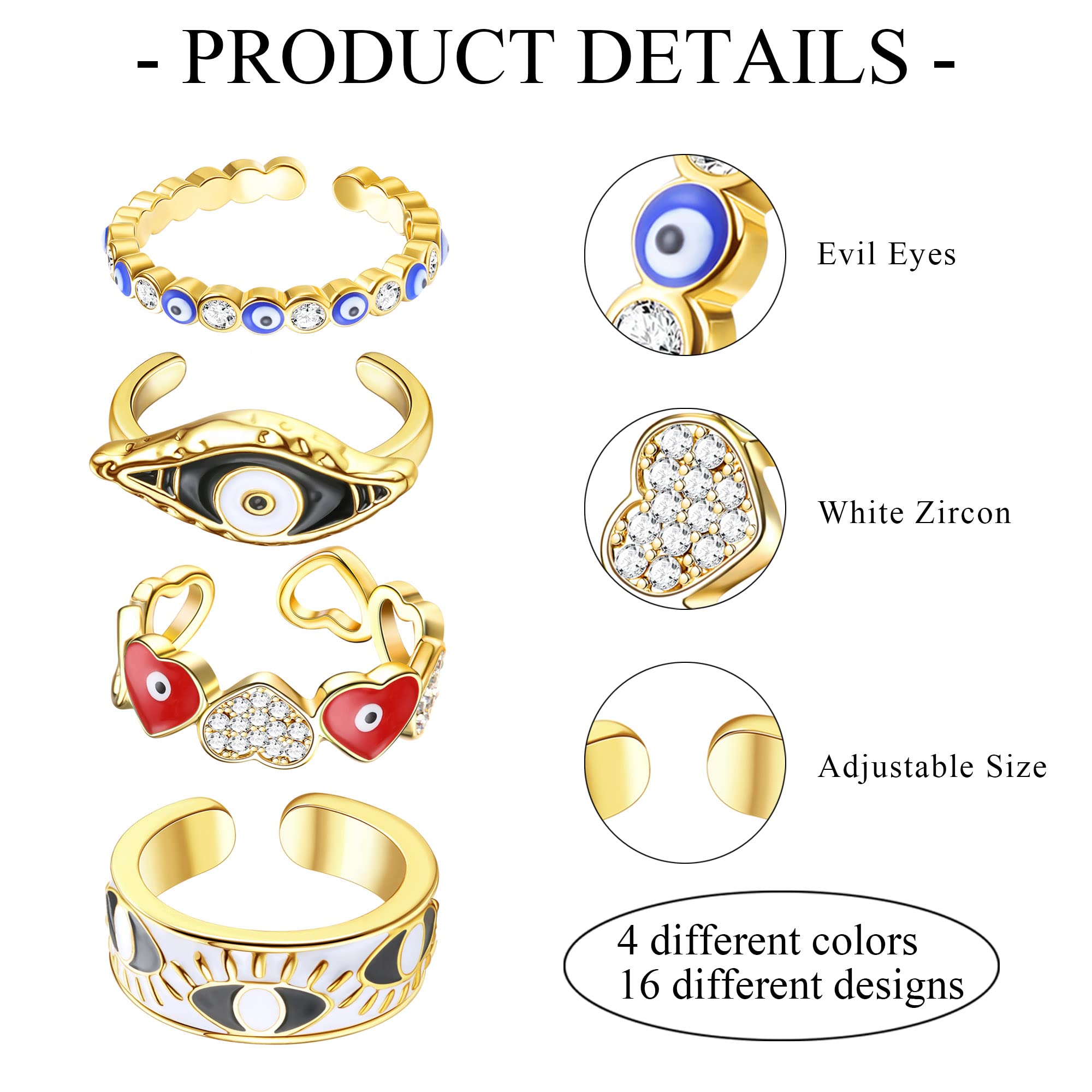 Sanfenly 16Pcs Evil Eye Ring Colorful Enamel Rings Set for Women Gold Plated Chunky Aesthetic Trendy Cubic Zirconia Adjustable Open Ring Lucky Protection Jewelry