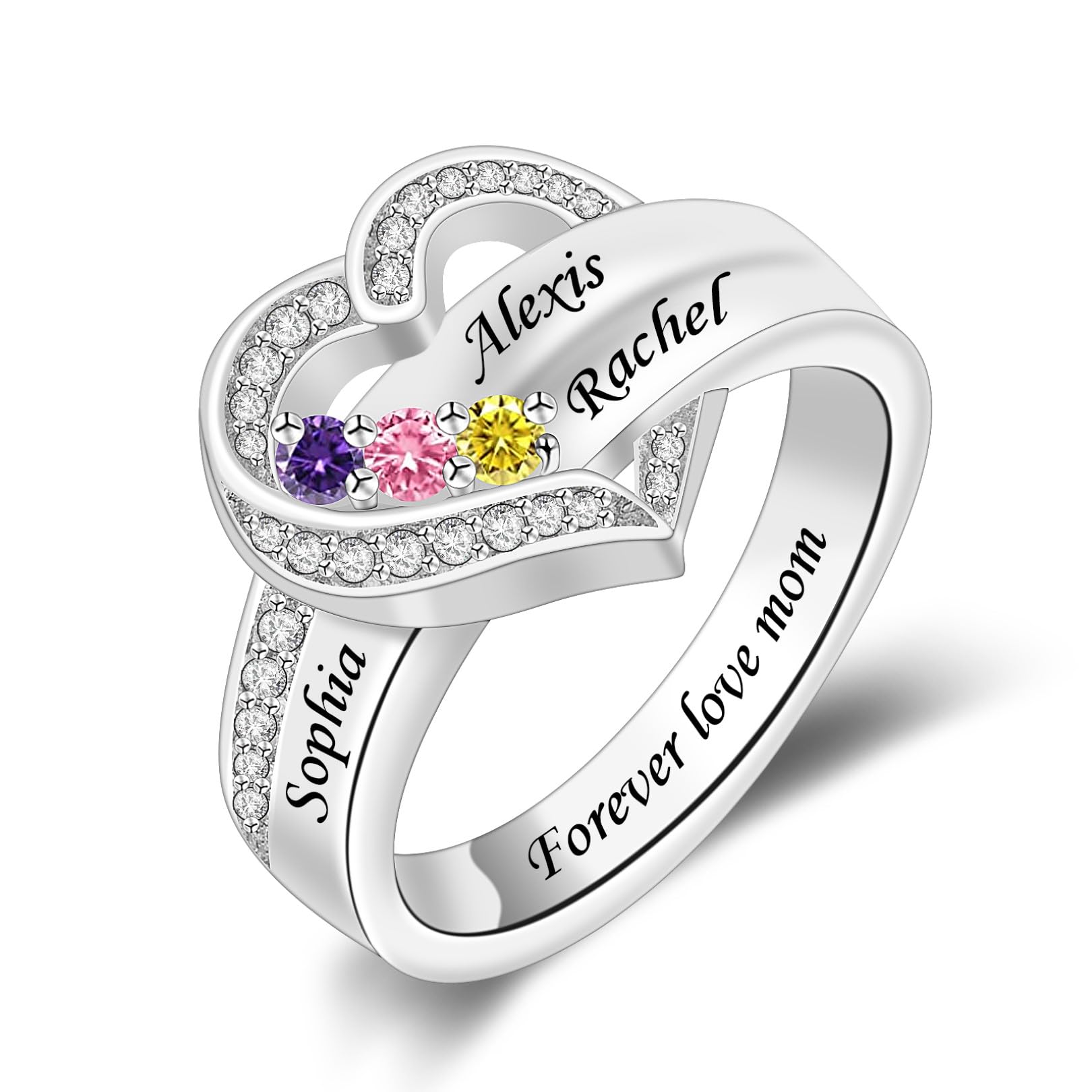 MissNaNa Lady's Gift Custom Mother Birthstone Rings with 1-8 Names Personalized Family Ring Engraved Heart Rings for Women Grandma Wife (3 Stones)