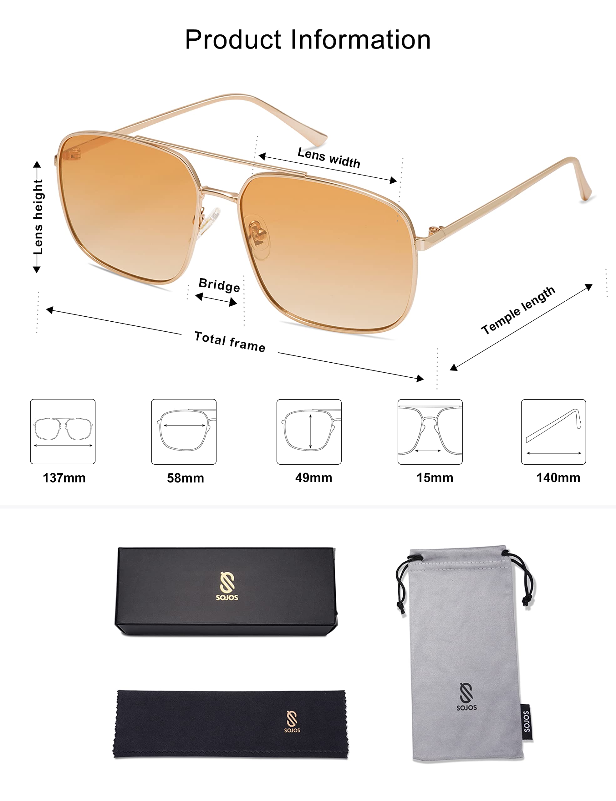 SOJOS Retro Square Aviator Sunglasses Womens Mens Double Bridge Metal Sun Glasses SJ1176, Gold/Gradient Orange