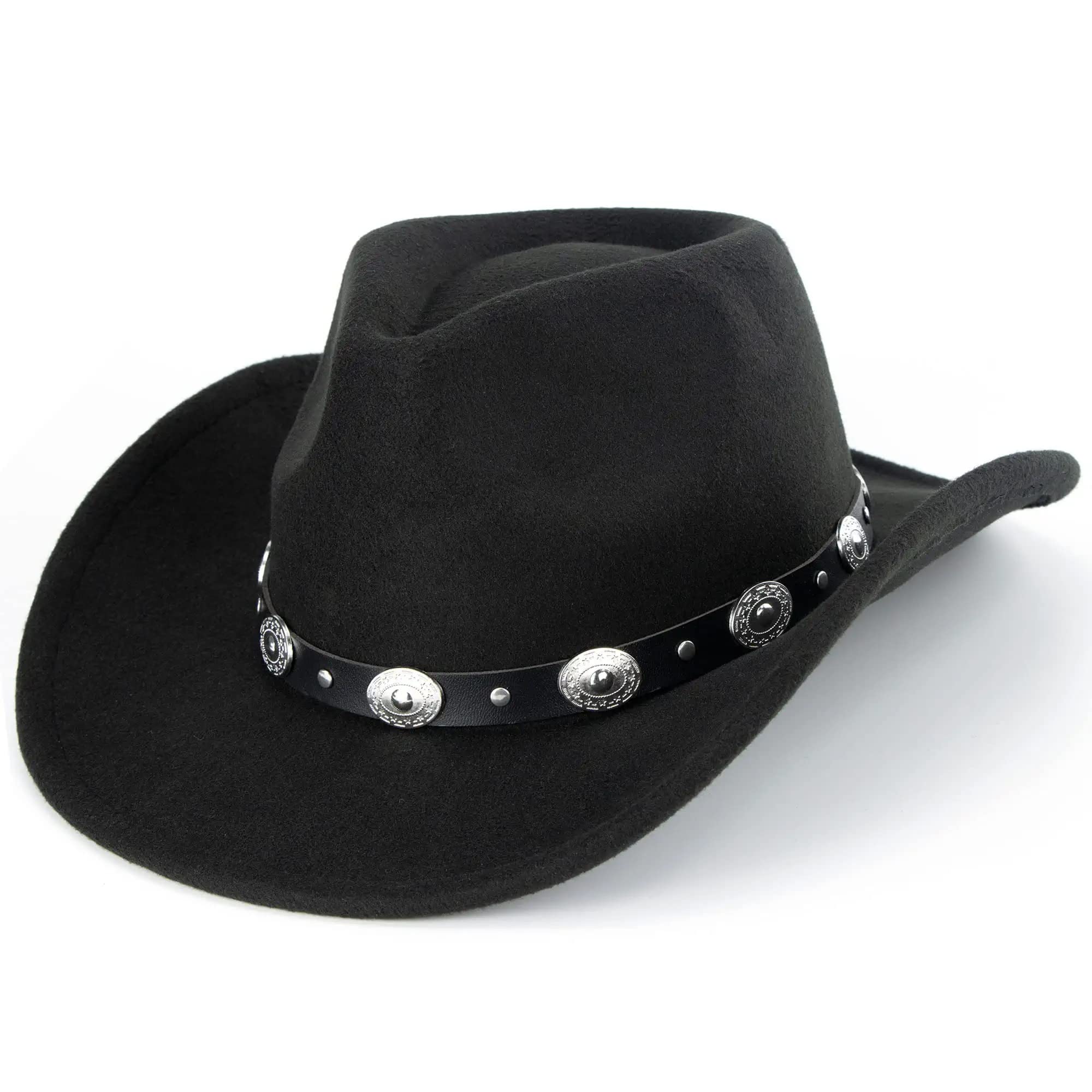 Eohak Womens Western Cowboy Hats Studded Pinched Western Cowgirl Hats Wide Brim Fedoras Hat with Belt Buckle （Size: M-L） (US, Alpha, Medium, Black)