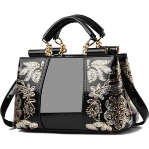 XingChen Women Patent Leather Fashion Handbags Double Sided Sequin Embroidery Shoulder Bag Top Handle Satchel Purse Black