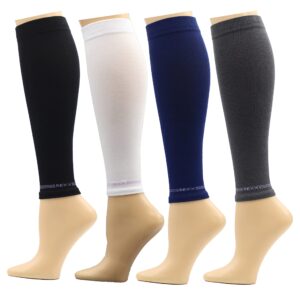 REXX 4 Pairs Calf Compression Sleeves For Men & Women, Leg Mild Compression Sleeve, Cotton Blend Footless Compression Socks (4 Pairs Black White Navy Grey)