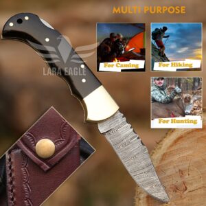 Lara Eagle Damascus Pocket Knife for Men - 133 Layer Solid Steel Handmade Folding Hunting Knives with Sharpner and Leather Pouch - Best Knife for Camping Hunting Hiking - Father’s Day Gifts for Men Husband Dad (Buffalo Horn Handle)