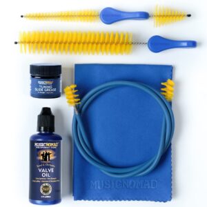 musicnomad 6 pc. premium trumpet (cornet) cleaning & care kit with extra care built into our product designs, formulas, instructions, give back & storage bag for complete care (mn770)