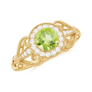 Rosec Jewels Certified Peridot and Diamond Vintage Inspired Engagement Ring | 5 MM | AAA Quality, 14K Yellow Gold, Size:US 9.50