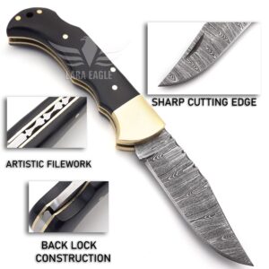 Lara Eagle Damascus Pocket Knife for Men - 133 Layer Solid Steel Handmade Folding Hunting Knives with Sharpner and Leather Pouch - Best Knife for Camping Hunting Hiking - Father’s Day Gifts for Men Husband Dad (Buffalo Horn Handle)