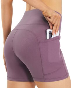 persit yoga shorts for women with pockets high wasited running athletic biker workout shorts tight fitness gym shorts yoga pants - purple - l