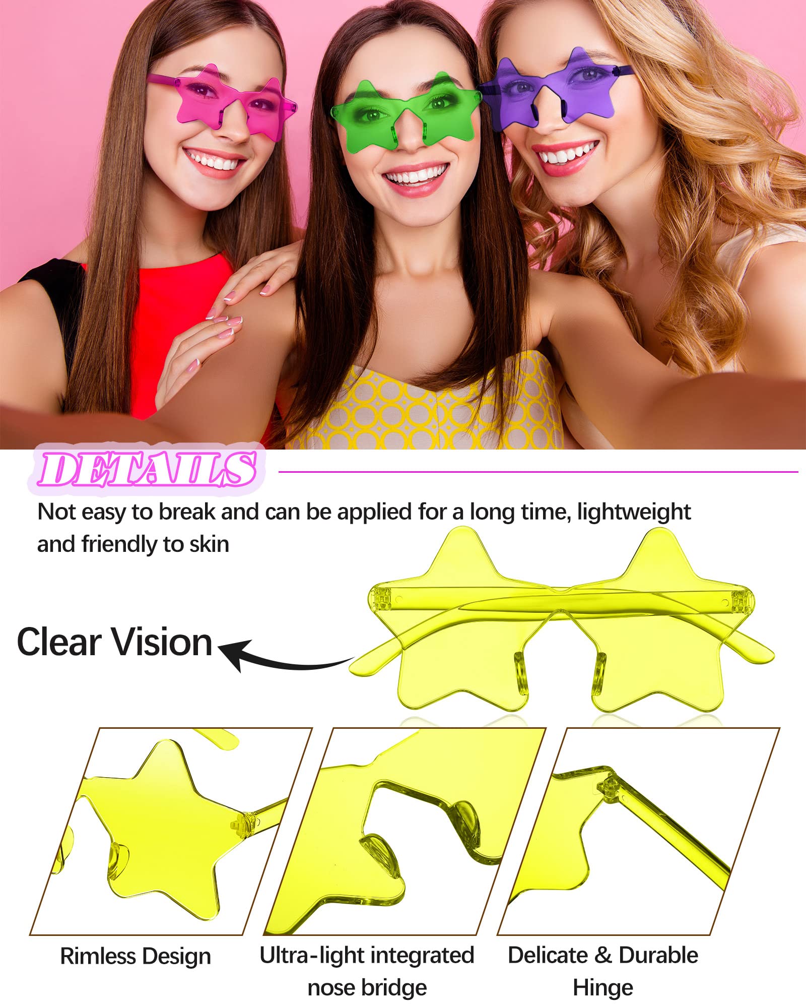 6 Pairs Star Shaped Rimless Sunglasses Neon Glasses Colored Transparent Neon Accessories for Halloween Women Men Party(Bright Color)