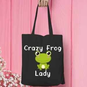 VAMSII Frog Tote Bag Crazy Frog Lady Shoulder Bag Frog Lover Gifts for Women Funny Frog Gifts Shopping Bag(BLK-Frog Lady tote)