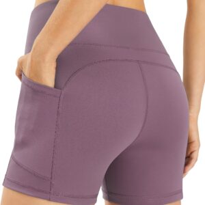 PERSIT Yoga Shorts for Women with Pockets High Wasited Running Athletic Biker Workout Shorts Tight Fitness Gym Shorts Yoga Pants - Purple - L