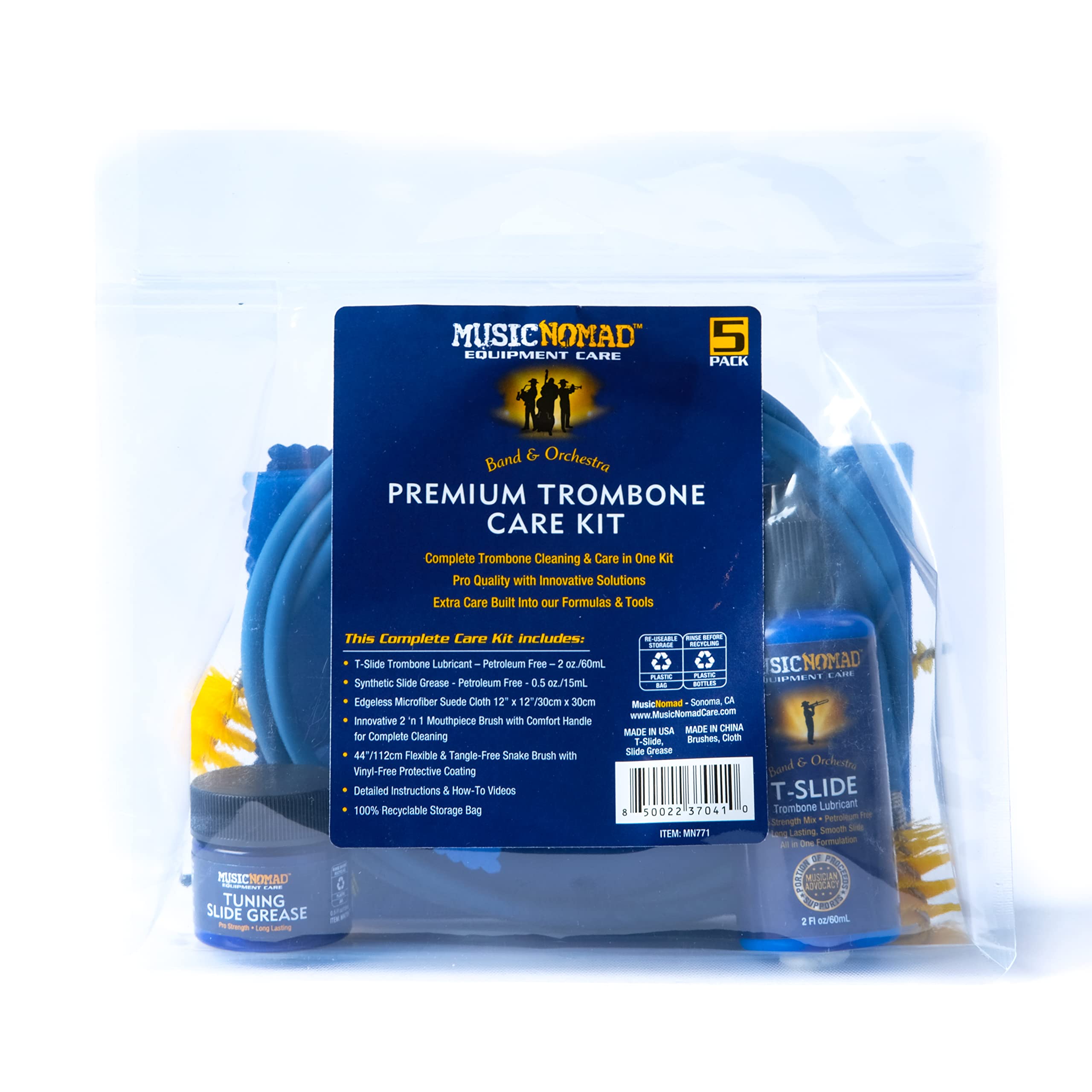 MusicNomad 5 pc. Premium Trombone Cleaning & Care Kit with Extra Care Built into our Product Designs, Formulas, Instructions, Give Back & Storage Bag for Complete Care (MN771)