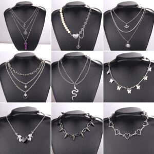 Sanfenly 9Pcs Y2k Goth Necklaces Gothic Jewelry For Women Men Emo Grunge Cool Punk Vintage Necklace Jewelry Chain Layered Pendant Choker Moon Pentagram Spike Butterfly Snake Heart Wing Necklace Set