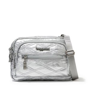 baggallini womens crossbody triple zip bagg cross body handbags, silver metallic quilt, one size us