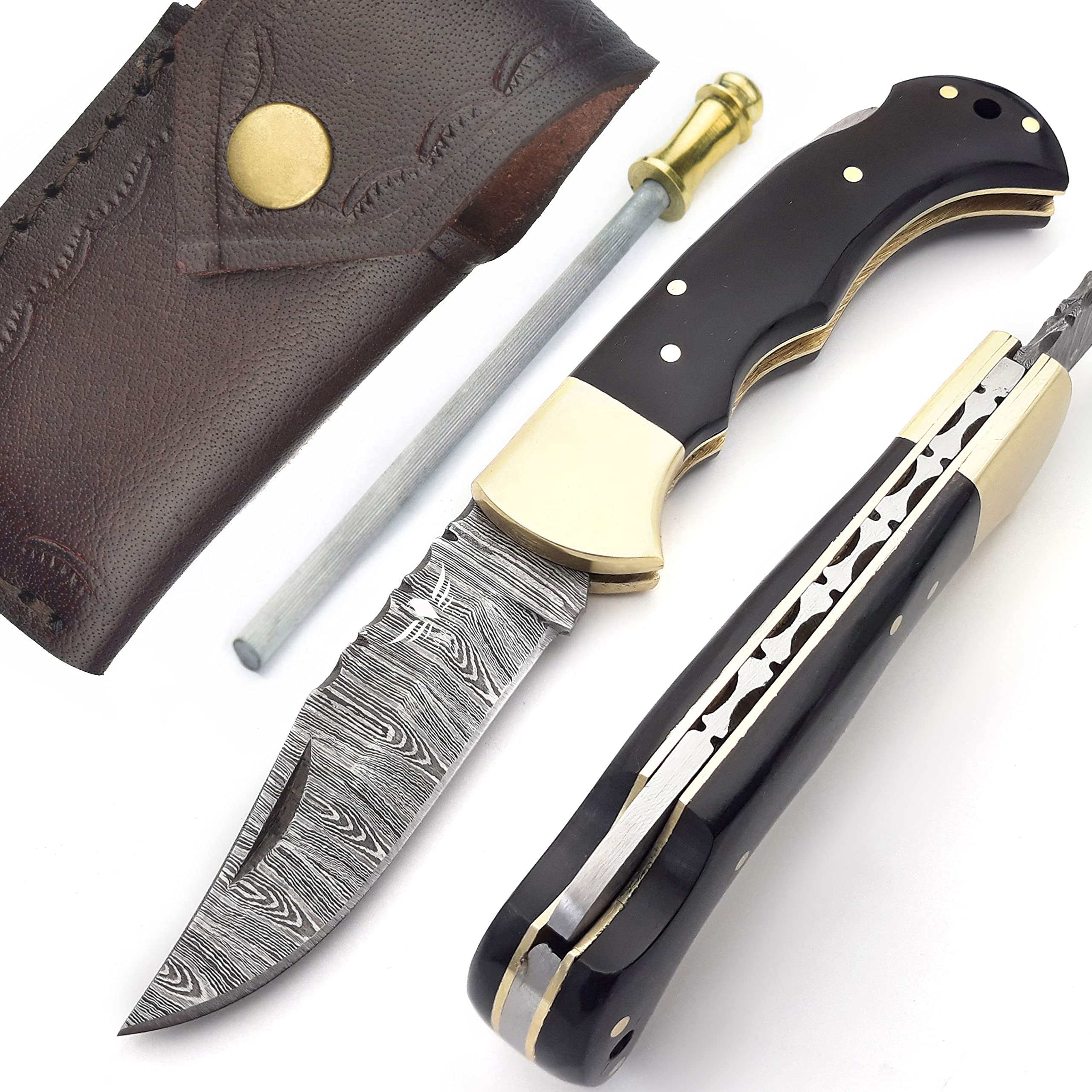 Lara Eagle Damascus Pocket Knife for Men - 133 Layer Solid Steel Handmade Folding Hunting Knives with Sharpner and Leather Pouch - Best Knife for Camping Hunting Hiking - Father’s Day Gifts for Men Husband Dad (Buffalo Horn Handle)