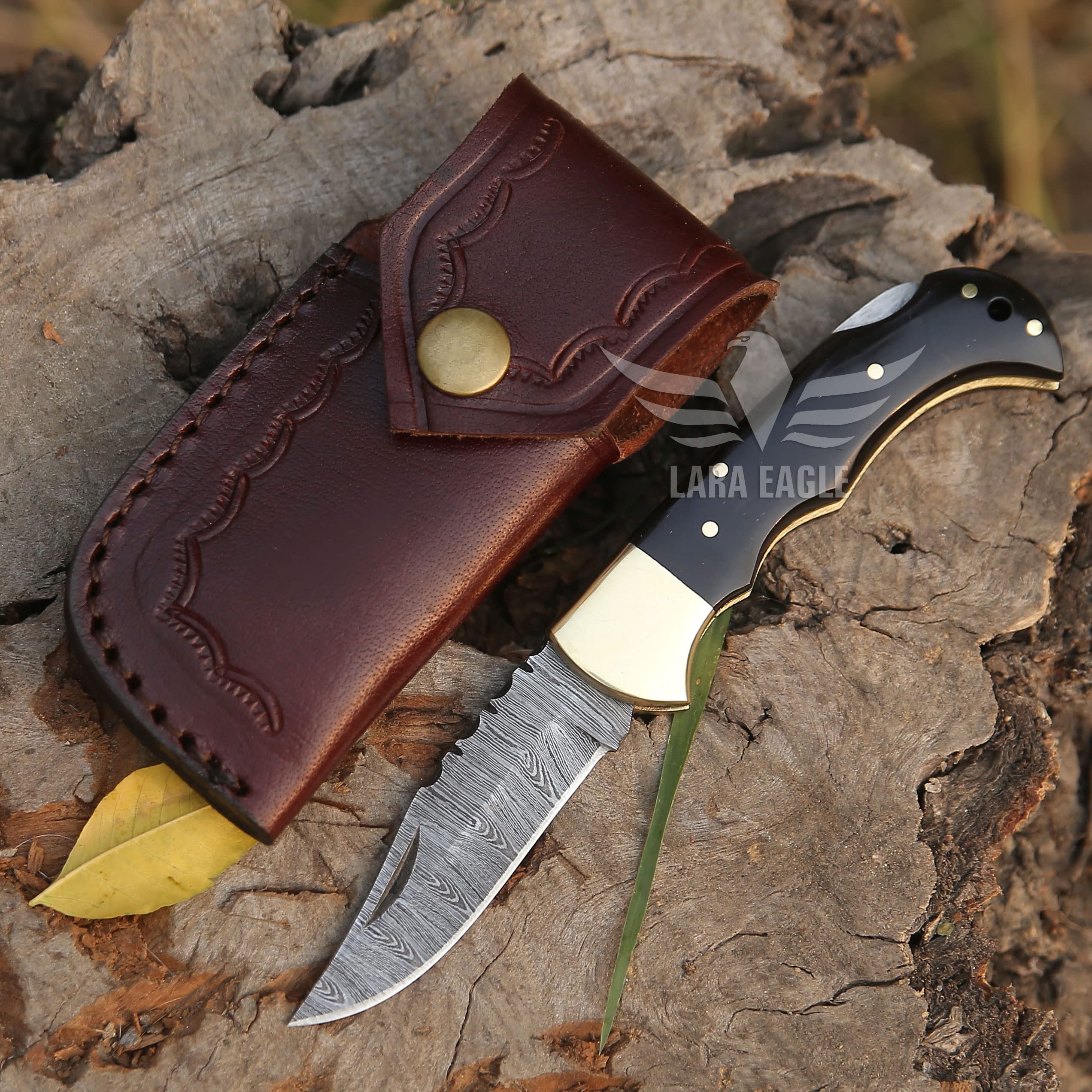 Lara Eagle Damascus Pocket Knife for Men - 133 Layer Solid Steel Handmade Folding Hunting Knives with Sharpner and Leather Pouch - Best Knife for Camping Hunting Hiking - Father’s Day Gifts for Men Husband Dad (Buffalo Horn Handle)