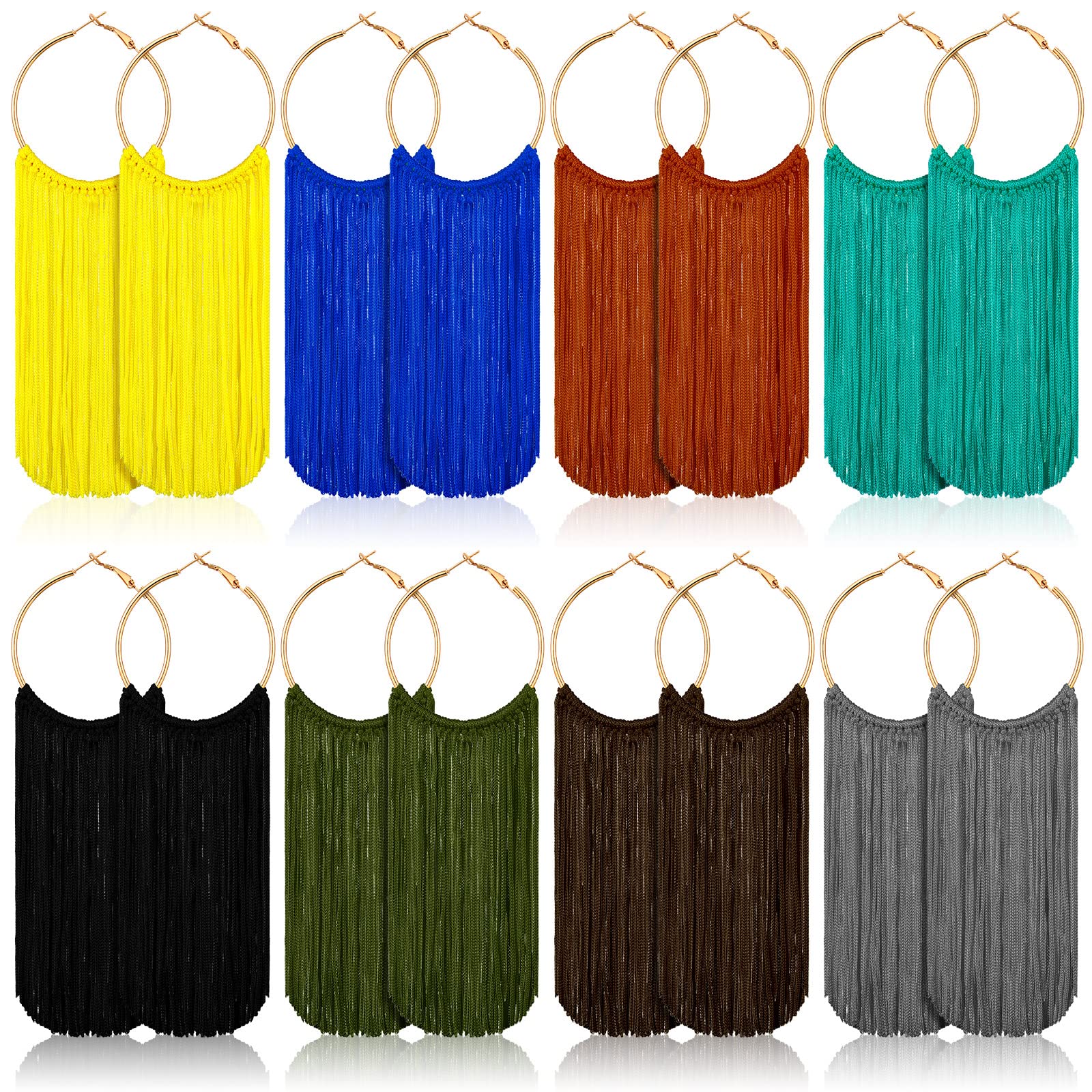 Bonuci 8 Pairs Tassels Earrings for Women, African Fabric Tassel Earrings, Fringe Earrings Dangle Drop Earrings Bohemian Tassel Earrings Set Colorful Fringe Statement Earrings(Bright Style)