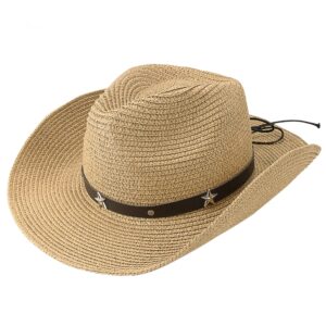 Womens Straw Cowboy Hat, Summer-Beach-Panama Shapeable Floppy Sun-Hat Men & Women Wide Brim Fedora