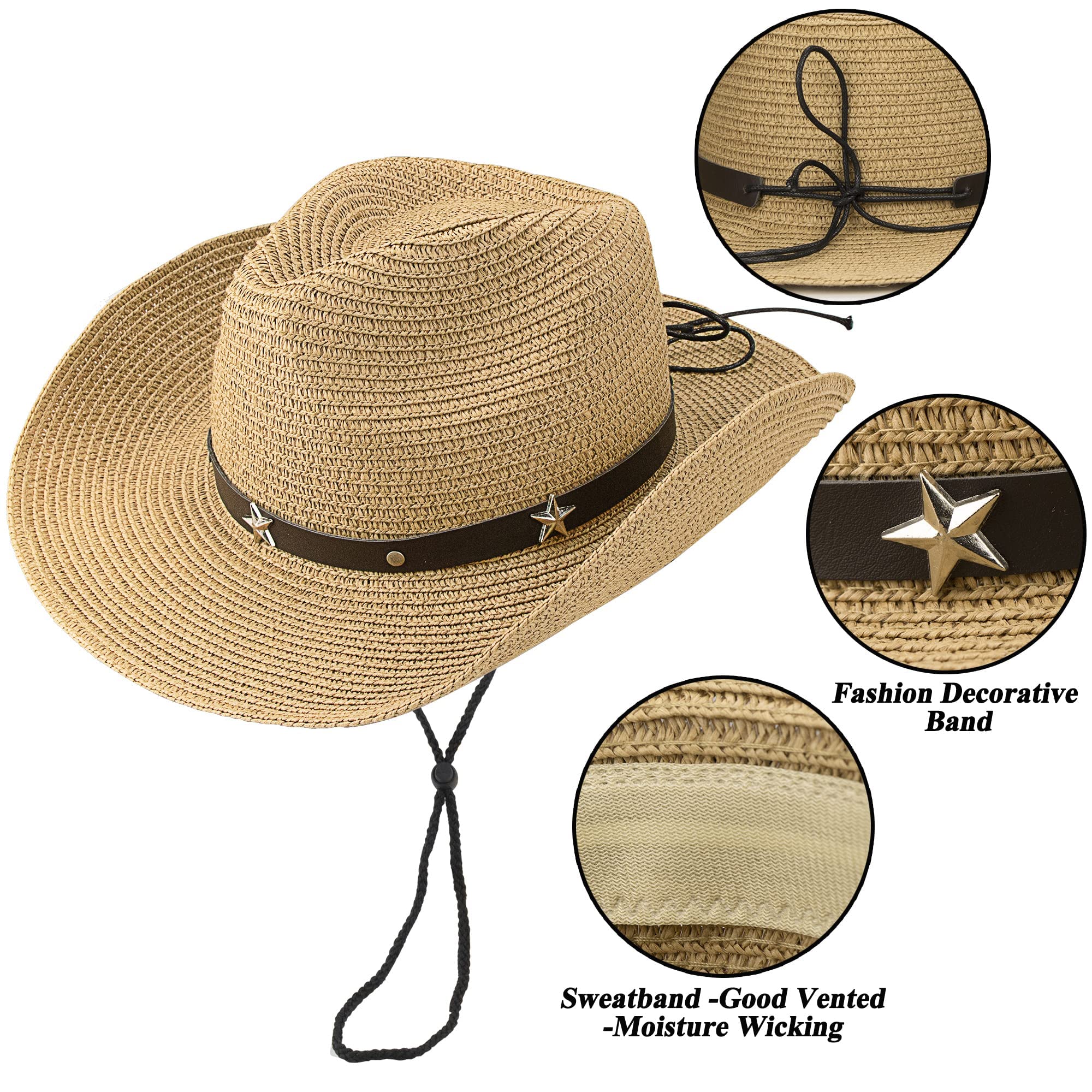 Womens Straw Cowboy Hat, Summer-Beach-Panama Shapeable Floppy Sun-Hat Men & Women Wide Brim Fedora