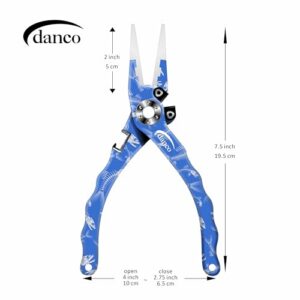 danco duffy 7.5-inch Fishing Pliers with Replaceable Line Cutters, Aircraft Grade Aluminum Fishing Gear, Saltwater Resistant Fishing Tools, Rubberized Paint Coating (Blue Fish Skeleton)