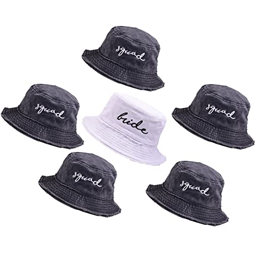 6 Pack Bachelorette Bucket Hat for Bride Squad Distressed Embroidered Sun Hat Bridal Party Gift 1 Bride + 5 Squad