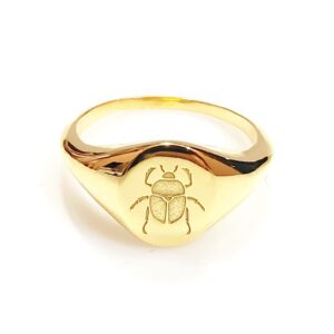 Sterling Silver Ring Engraved Beetle Ring Insect Ring Scarab Ring Signet Ring (Gold, 7)