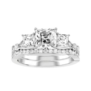 1.7 CT 3-Stone Princess Cut Bridal Set Moissanite engagement rings for women 10K 14k 18K gold ring Platinum Plated Silver Princess moissanite rings 4108