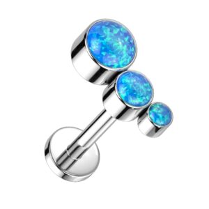 Pierced Owl 16GA G23 Implant Grade Titanium Descending Bezel Set Triple Opal Curved Internally Threaded Stud (Blue)