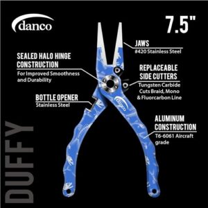 danco duffy 7.5-inch Fishing Pliers with Replaceable Line Cutters, Aircraft Grade Aluminum Fishing Gear, Saltwater Resistant Fishing Tools, Rubberized Paint Coating (Blue Fish Skeleton)