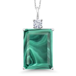 gem stone king 925 sterling silver green malachite and white moissanite pendant necklace for women (18.23 cttw, emerald cut 18x13mm, with 18 inch silver chain)