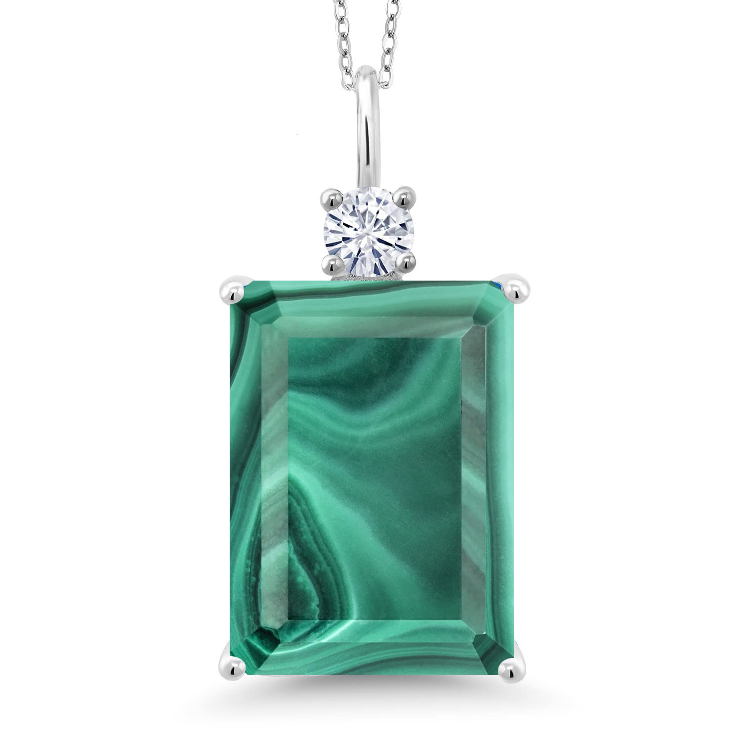 Gem Stone King 925 Sterling Silver Green Malachite and White Moissanite Pendant Necklace For Women (18.23 Cttw, Emerald Cut 18X13MM, With 18 Inch Silver Chain)