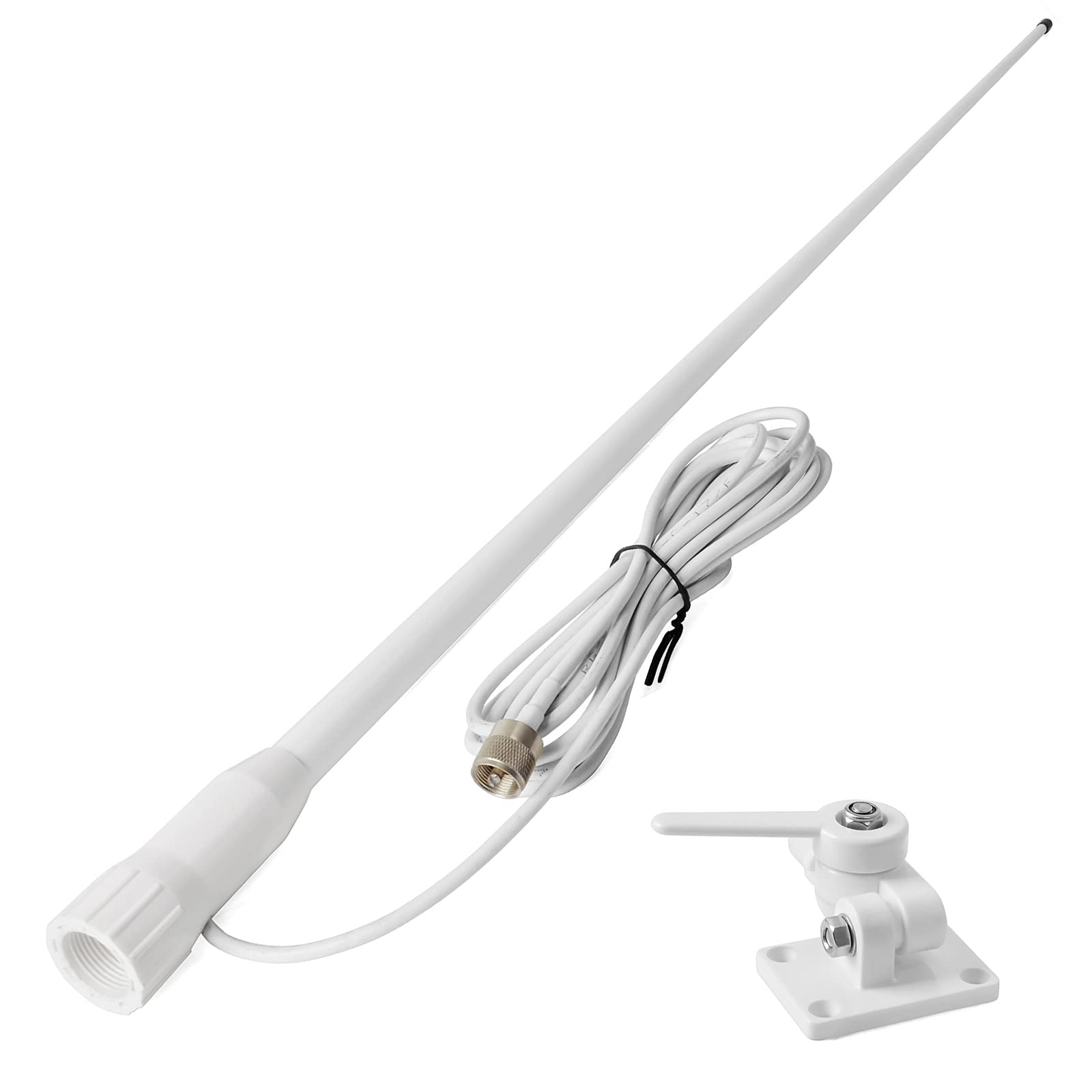 TWAYRDIO 43-Inch VHF Marine Antenna, Heavy Duty White Fiberglass Boat Antenna 3dBi Gain W/22.9ft Low Loss RG58 Coaxial Cable Built-in PL259 Connector and Nylon Ratchet Mount for Midland Uniden Radios