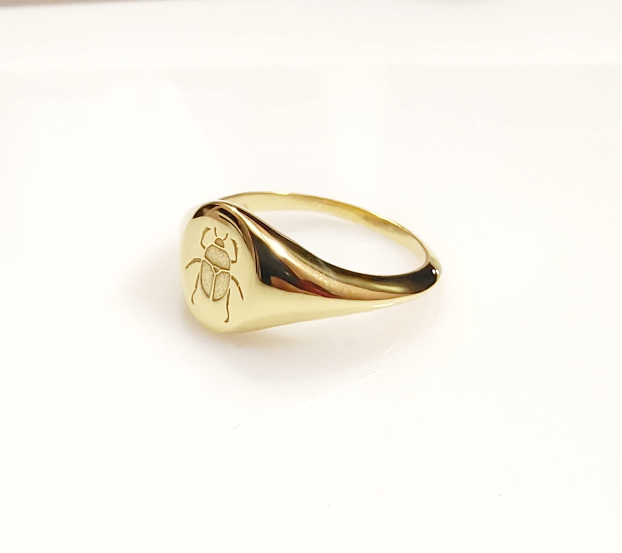 Sterling Silver Ring Engraved Beetle Ring Insect Ring Scarab Ring Signet Ring (Gold, 7)